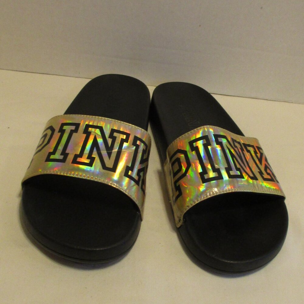PINK Woman Size 10 Black Gold Top Slide On Sandals